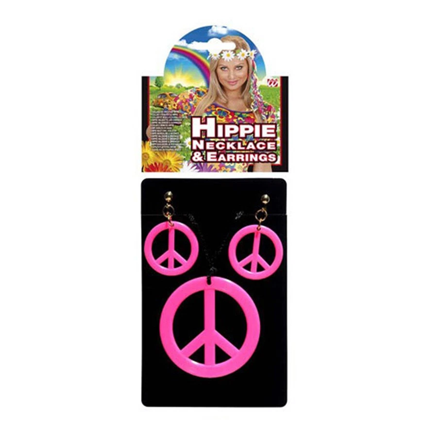 NET TOYS Flower Power Peacezeichen Kette mit Ohrclips Halskette Hippieschmuck neon pink
