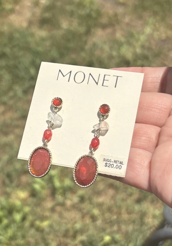 Juego de Pendientes y Brazaletes Monet Vintage Ámbar Rojo, Naranja Piedra Lucita Oro Foto 3 de 4