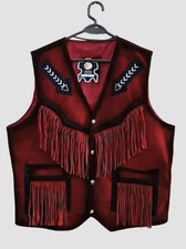 Men Native American Western Style Handmade Suede Leather Fringe Vest Beaded