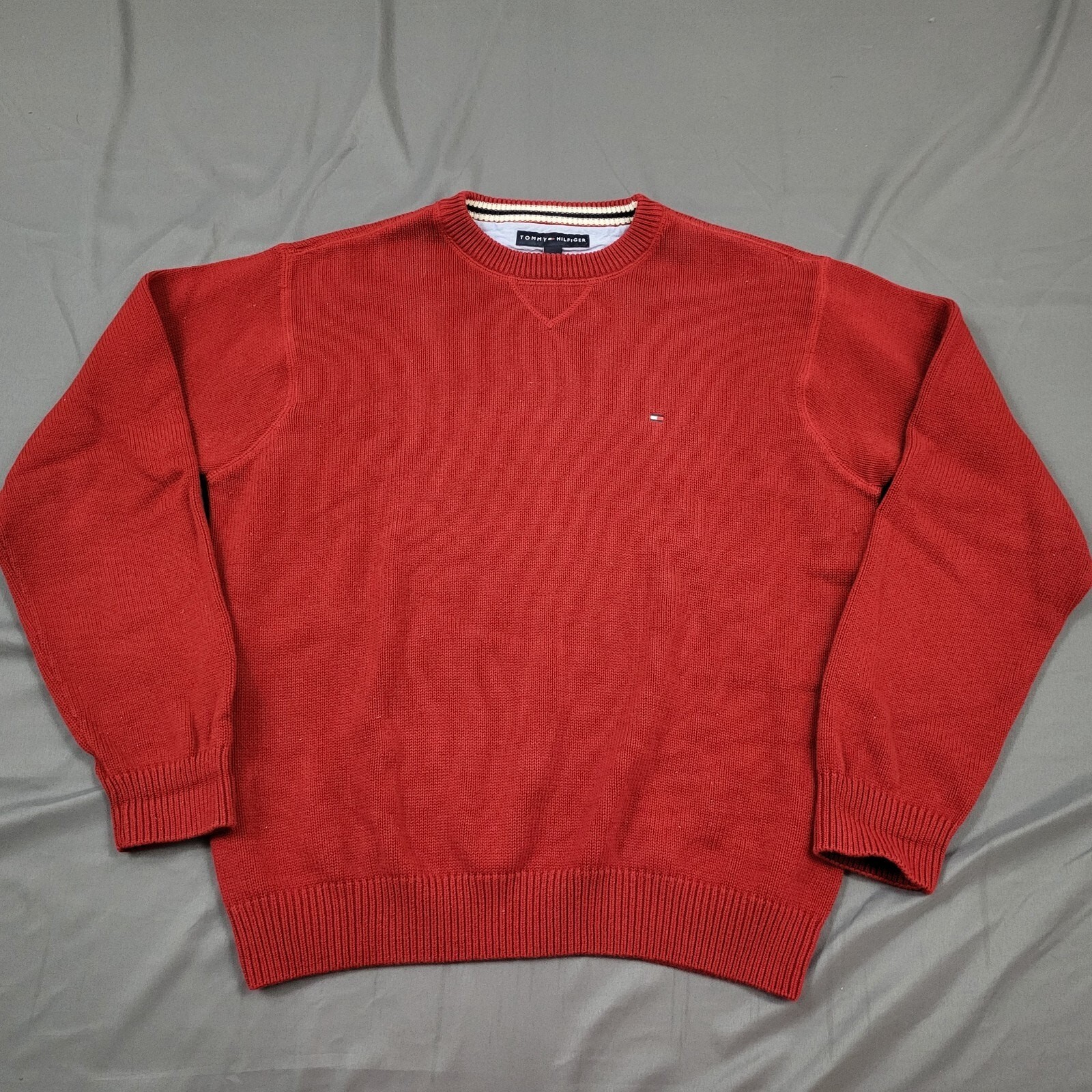 Tommy Hilfiger Sweater Mens Large L Long Sleeve Pullover Logo Knit Red