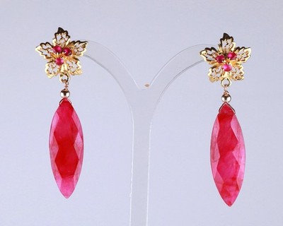 Genuine ruby dangle earrings in SS 925 sterling silver, 14k gold plated.
