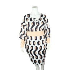Geometric Print Lace-Up Long Sleeve Dress Plus Size 3XL