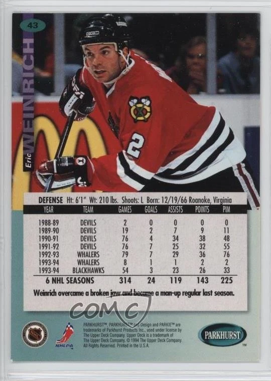 1994-95 Parkhurst Eric Weinrich #43 - Image 2 of 2
