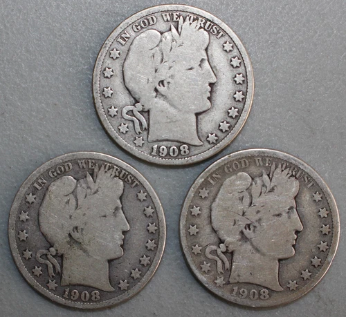 1908 D O S Silver Barber Half Dollars 50c Three Coin Year Set 3 Circulated Good