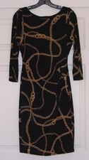 Green Label LAUREN RALPH LAUREN L/S Side Ruched Bodycon Dress Blk Gold Chains 4