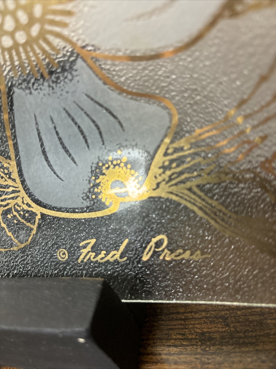 Vintage Fred Press Floral Dogwood Glass Serving Platter Tray Gold