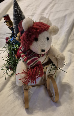  Vintage Christmas Vignette Handmade Sleigh Bear Nutcracker Tree Seal Presents 