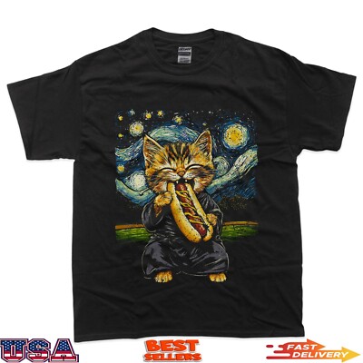 Funny Cat Eating a Hot Dog Under Starry Sky T-Shirt