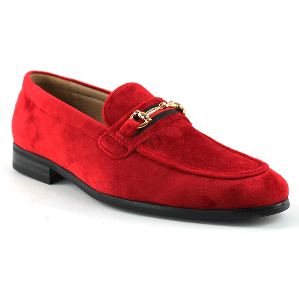 Men's Red Velvet Dress Shoes Slip On Loafers With Gold Buckle