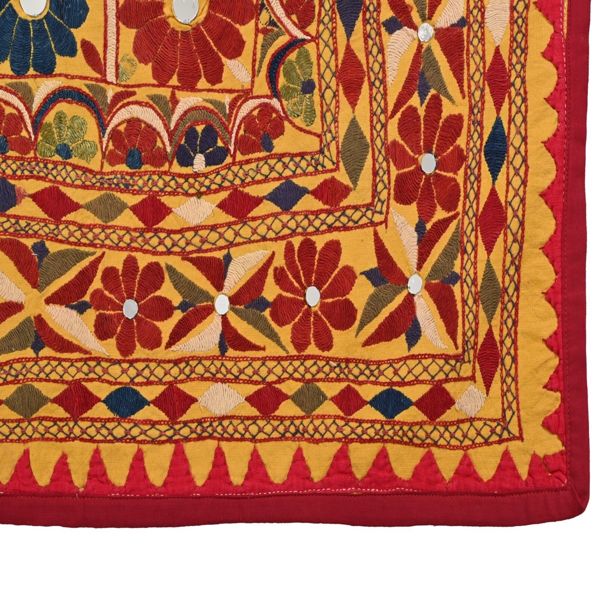 Vintage mirror work colorful floral motifs Gujarati textile art
