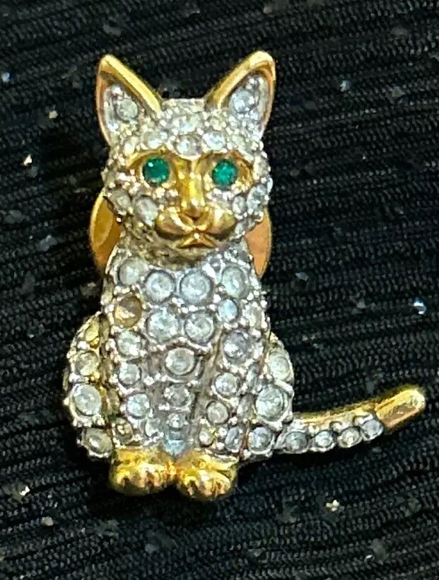 Rare Retired Swarovski Signed Cat Tie Tack Pin Brooch green eye