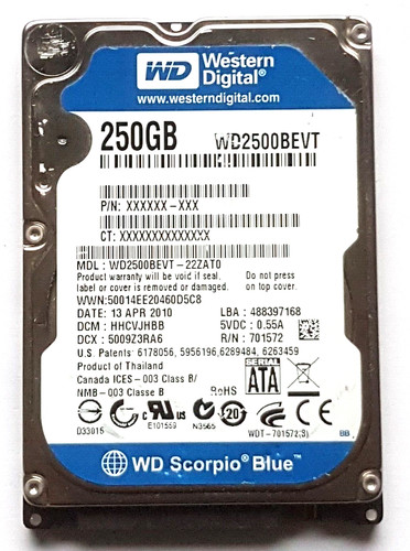 250 GB SATA Western Digital WD2500BEVT-22ZAT0 5400RPM 8MB HDD 2,5" Festplatte