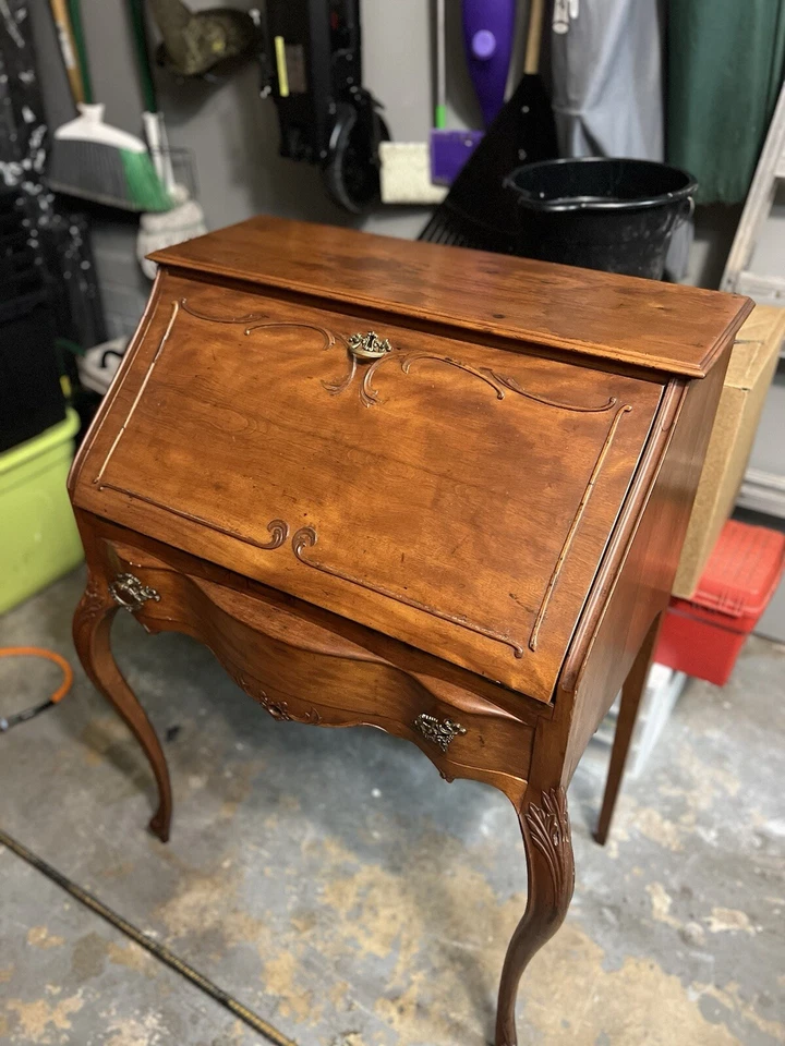 Antiguo Escritorio Francés Secretaria Piernas Talladas, Armario Interior 3 Cajones Foto 3 de 4