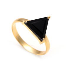 Natural Black Onyx Triangle Ring Sterling Silver Gold Plated Minimalist Jewelry