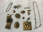 12 Pc Lot Vtg Costume Jewelry Unmarked Gold Tone Pin Pendant Agate Bracelet