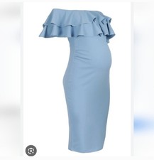 Boohoo MaternityDress Off Shoulder Ruffle Light Blue Knee Length Size US 6