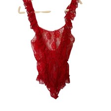 Vintage Frederick's of Hollywood Red Lace Teddy Bodysuit Sheer Lingerie