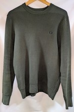 Fred Perry Waffelstrick Pullover Olivgrün Medium M Rundhals K4506
