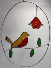 Vintage Handmade Stained Glass Bird W Birdhouse Suncatcher Decorative Art