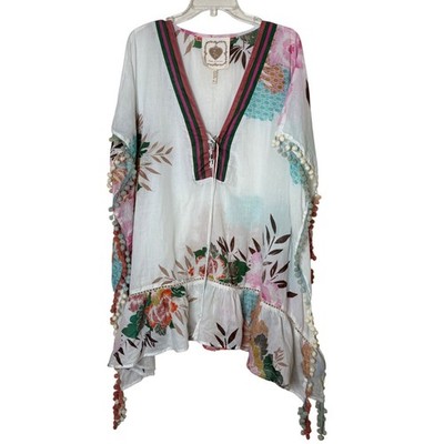 Z&L Boho Floral Caftan Tunic Top Pom Pom Trim Beach Resort Cover Up M/L India