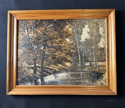 Original Ölgemälde Dunkler Herbst See Natur Szene Gerahmt