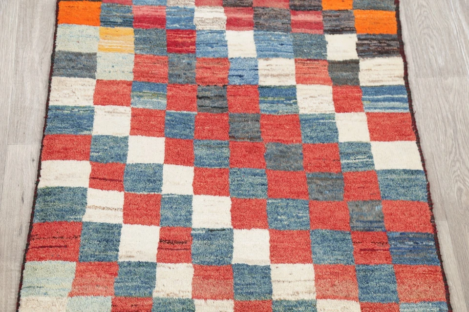 Alfombra de vestíbulo a cuadros 3x5 pies estilo Gabbeh alfombra de lana moderna alfombra de acento multicolor Foto 3 de 4