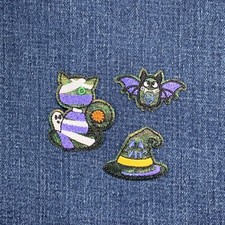 3-Pack Halloween Applique Patch Set Embroidered Cat Bat  Witch's Hat Badge Set