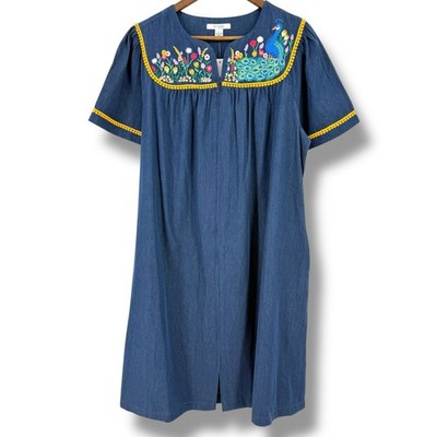 Go Softly Denim Embroidered Floral Peacock Patio Dress Sz X-Large Full Zip  | eBay
