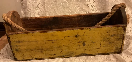 Antique Wood Tote Tool Carrier Primitive Old Yellow Chippy Paint Rope Handle