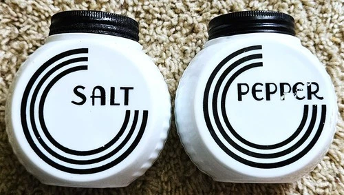 VINTAGE MILK GLASS SALT & PEPPER SHAKERS / FIRE KING VITROCK BLACK CIRCLE