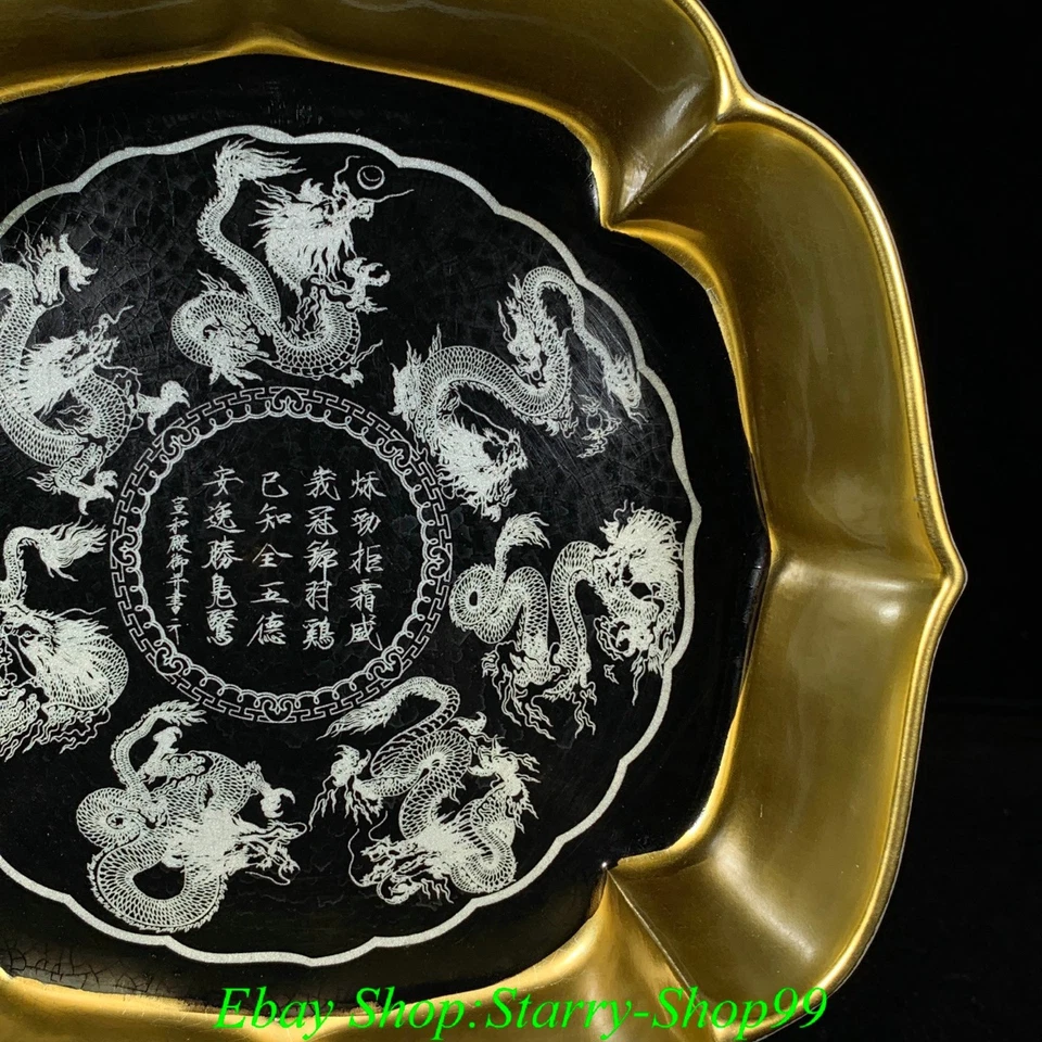 8.6" Song Dynasty Ru Kiln Black Glaze Porcelain Gilt Dragon Writing Brush Washer - Image 4 of 4
