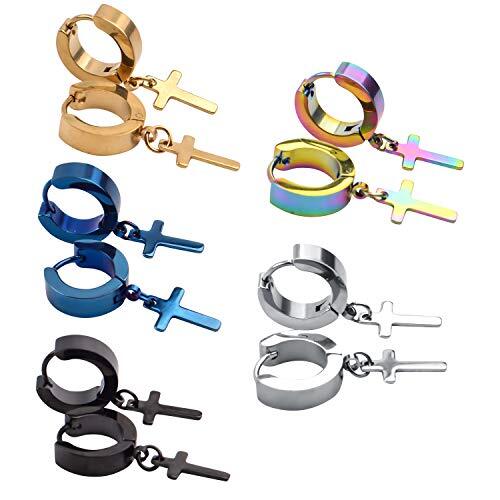 5 pares de aretes pegajosos de aro con cruz de acero inoxidable - Imagen 6 de 7