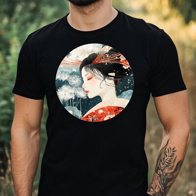 Mens Geisha Dandelion Print Cotton T-Shirt Size XS to 5XL