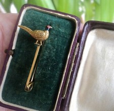 Gold Emaille Fasan Brosche 15ct Gelbgold Antik c1910 Schießen Jagd