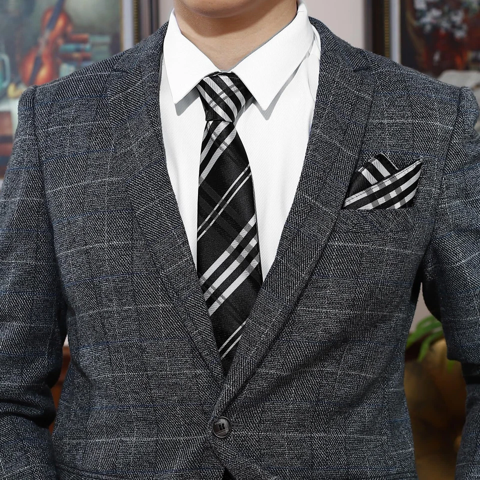 Conjunto de corbata negra a rayas para hombre y cuadrado de bolsillo formal 3,15"8... Foto 2 de 4