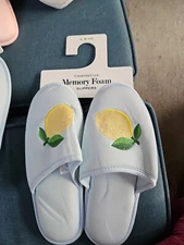 Charter Club Women's Blue Embroidered Lemon Slippers Shoes Size Large 9-10