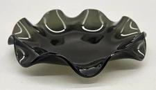 Vintage Mid Century Modern Retro Black Ebony Glass Ruffled Serving Dish 6.75"