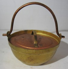 Vintage Miniature Dollhouse Sized Copper and Brass Covered Handled Kettle Bowl