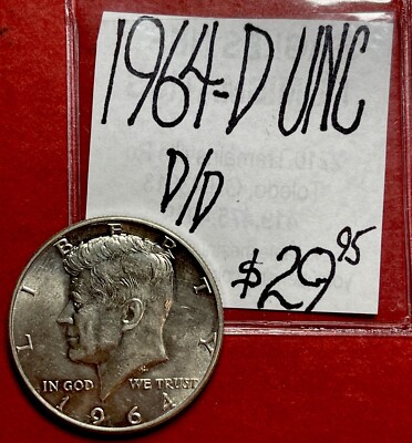 1964 D Over D Kennedy Silver Half Dollar. (UNC) Uncirculated Cond