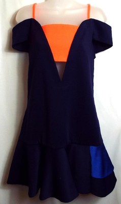DREI STÖCKIGES KLEID BLAU & KORALLENROSA KALTSCHULTER GRÖSSE 6 # Box*