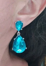 CLIP ON Blue Topaz CRYSTAL TEARDROP glass rhinestone EARRINGS Silver Fashion 