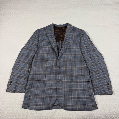 J. Hilburn x Loro Piana Summertime Men Blazer 46R Plaid Wool Silk Linen Blue EUC