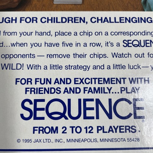 Sequence An Exciting Game of Strategy  Board Game 1995 Complete - Picture 5 of 5