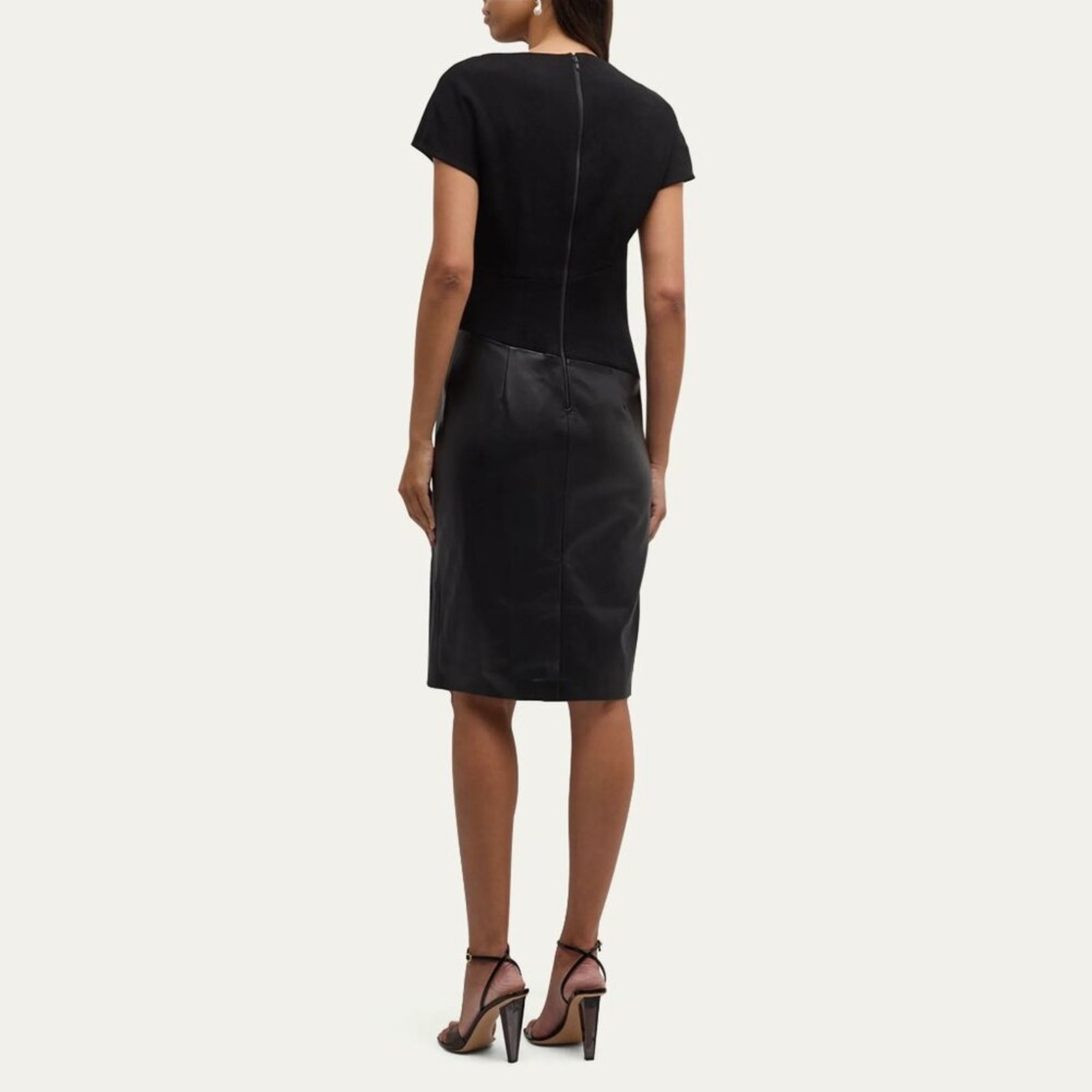 Teri Jon by Rickie Freeman Pleated Crepe Vegan Leather Dress Black Size 14 NWT