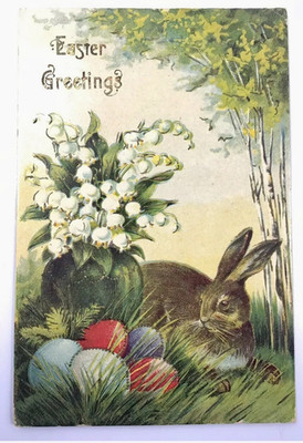 Antique EASTER GREETINGS Postcard RK & Co. #0764 Saxony Bunny Gold Gilt