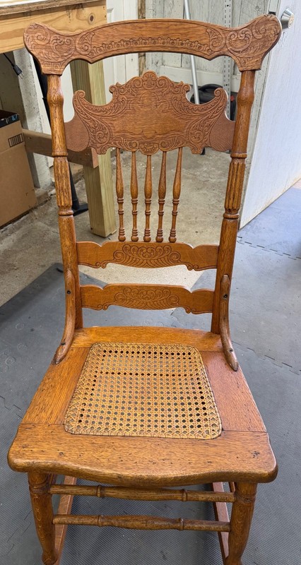Late Victorian Golden Oak Rocking Chair with Pressed Back and Caned Seat