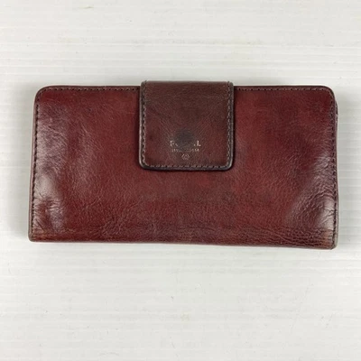 Fossil Wallet Clutch Leather Bi-Fold Brown Teal Purse Vintage Snap Womens - Bild 1 von 4