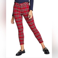 Tommy Hilfiger Women's Stretch Pants Casual Plaid Ankle Skinny, Red Multi, 2