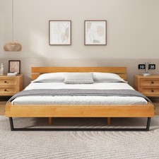 Pine Wood Bed Frame Natural Platform Bed With Metal Legs Wooden Slats Queen/King