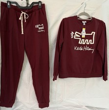 Keith Haring Womens 2 PC Lounge Set, Burgundy, NWT, Jogger, S, Sleepwear, Fleece